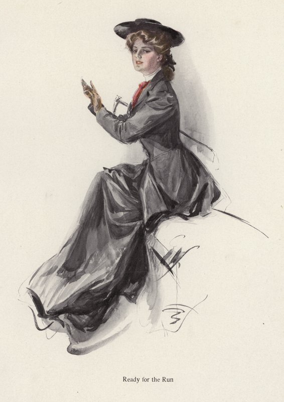 Nuori nainen valmistautuu ratsastukseen (väri litho) tekijältä Harrison Fisher