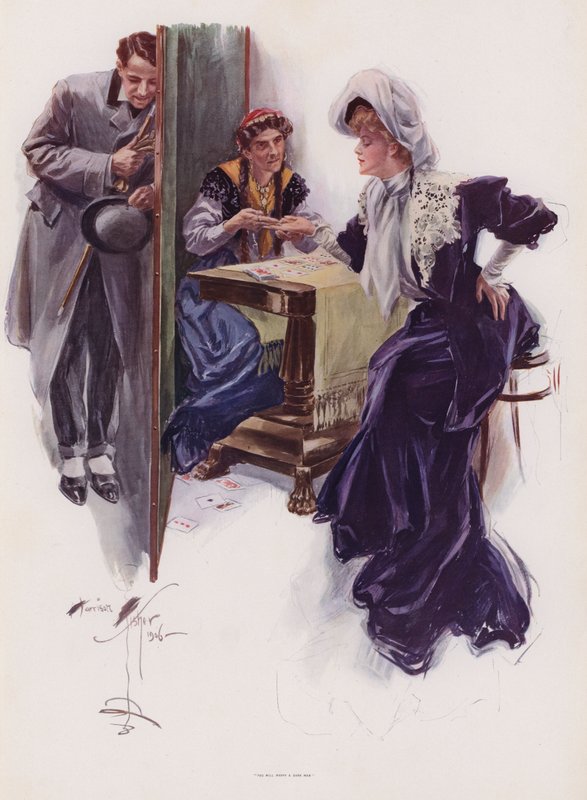 Nuori nainen, jonka tulevaisuudesta kertoi mustalainen (väri litho) tekijältä Harrison Fisher