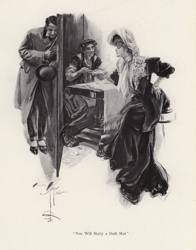 Nuori nainen, jonka tulevaisuudesta kertoi mustalainen (litho) tekijältä Harrison Fisher