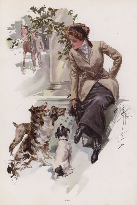 Nuori nainen ratsastustottumuksessaan istumassa koiriensa kanssa (väri litho) tekijältä Harrison Fisher
