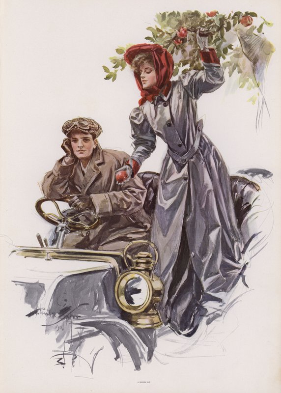Nuori nainen poimimassa omenoita auton sisältä (väri litho) tekijältä Harrison Fisher