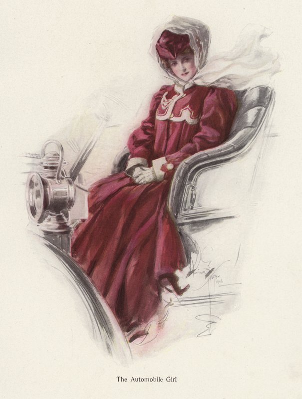 Nuori nainen istuu autossa (väri litho) tekijältä Harrison Fisher