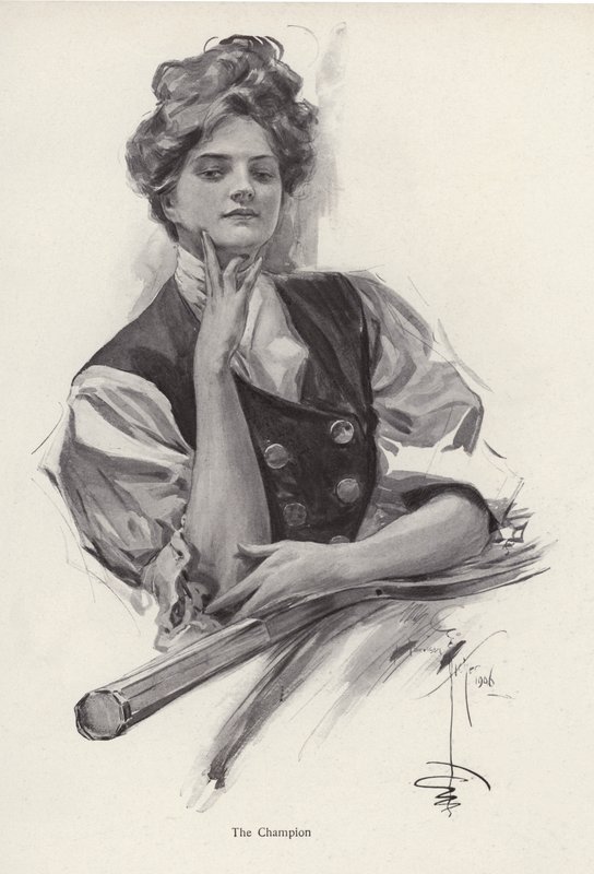 Nuori nainen, tennismestari (litho) tekijältä Harrison Fisher