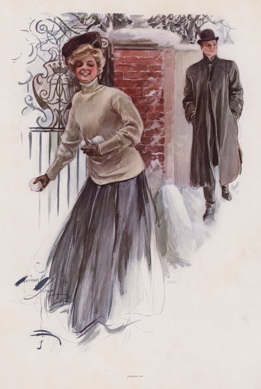 Nuori nainen odottaa heittääkseen lumipalloja miestä kohti (väri litho) tekijältä Harrison Fisher