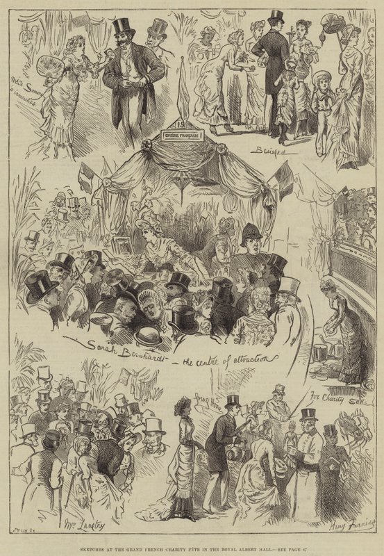 Luonnokset Grand French Charity Fete -tapahtumassa Royal Albert Hallissa tekijältä Harry Furniss