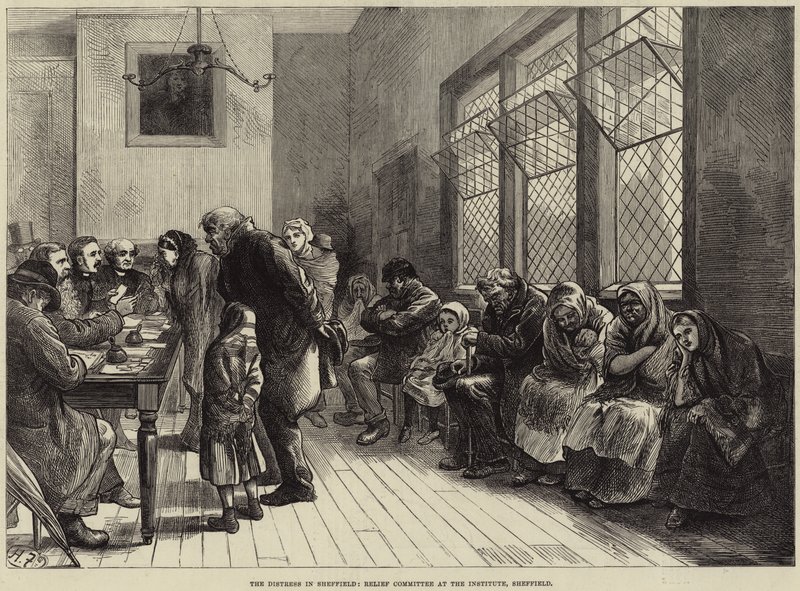 The Distress in Sheffield, Relief Committee in Institute, Sheffield tekijältä Harry Furniss