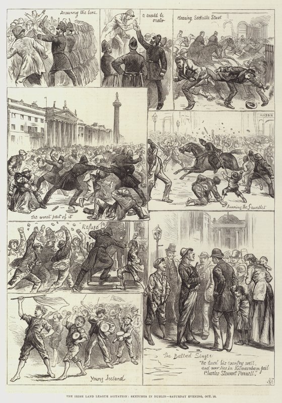 Irish Land League Agitation, Sketches Dublinissa, lauantai-iltana 15. lokakuuta tekijältä Harry Furniss