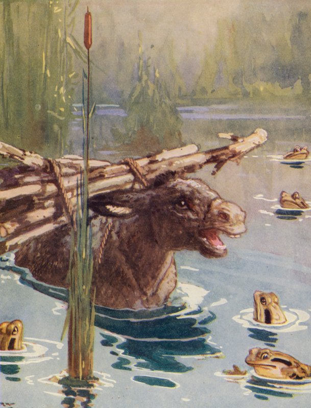 Aisopoksen sadut: Aasi ja sammakot (värilitografia). tekijältä Harry (1878 1950) Rountree