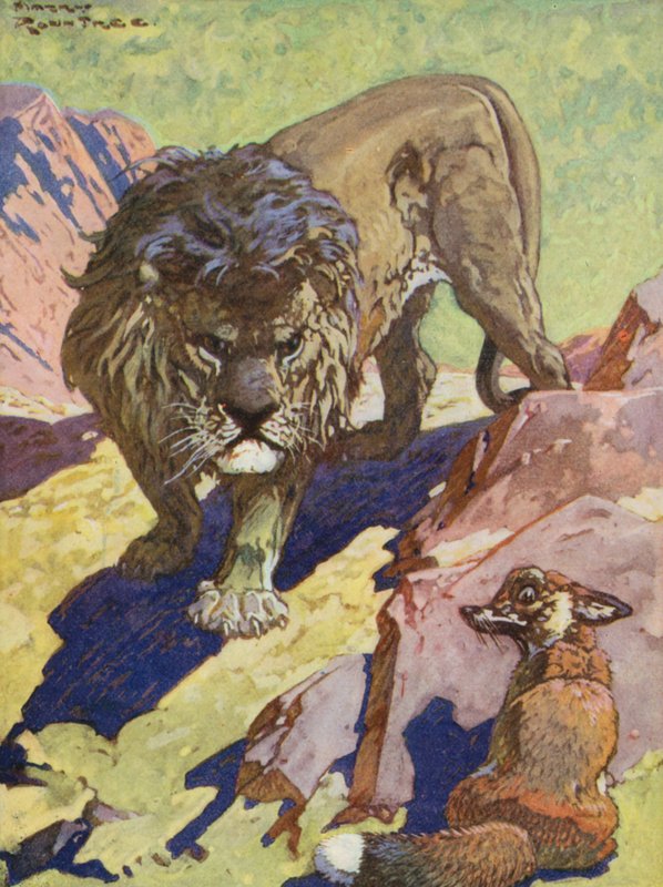 Aisopoksen sadut: Kettu ja leijona (värilitografia). tekijältä Harry (1878 1950) Rountree