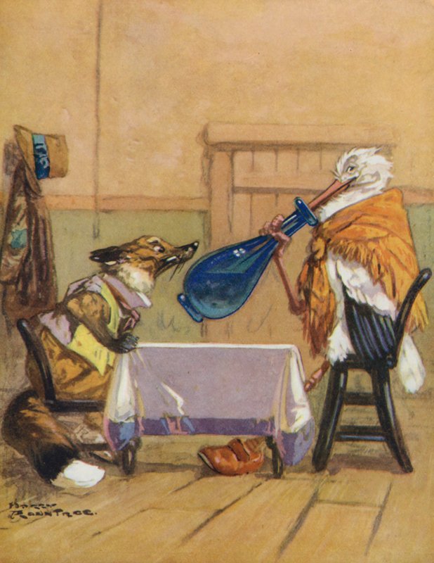 Aisopoksen sadut: Kettu ja haikara (värilitografia). tekijältä Harry (1878 1950) Rountree