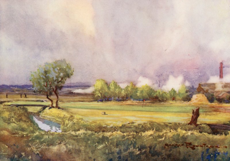 Golfkentät: Carnoustie, "Etelä-Amerikka" (värilitografia). tekijältä Harry (1878 1950) Rountree