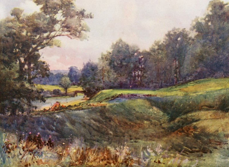 Golfkentät: Cassiobury Park, uusi kahdeksastoista reikä (värilitografia). tekijältä Harry (1878 1950) Rountree