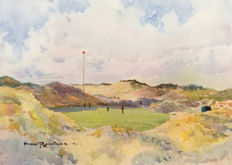 Golfkentät: Formby, vanha seitsemäs viheriö (värilitografia). tekijältä Harry (1878 1950) Rountree