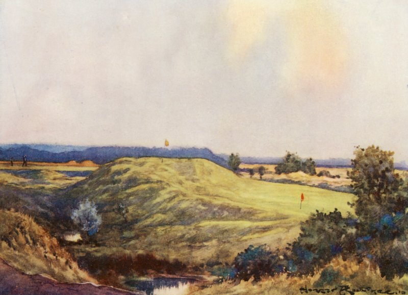 Golfkentät: Frilford Heath, lähestyminen yhdeksännelle viheriölle (värilitografia). tekijältä Harry (1878 1950) Rountree