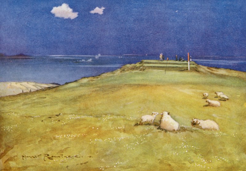 Golfkentät: Gullane, kuudes viheriö ja seitsemäs tii (värilitro). tekijältä Harry (1878 1950) Rountree