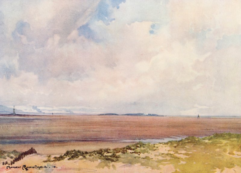 Golfkentät: Hoy-järvi, näkymä Hilbreen yhdeksänneltä tiiltä (värilitografia). tekijältä Harry (1878 1950) Rountree