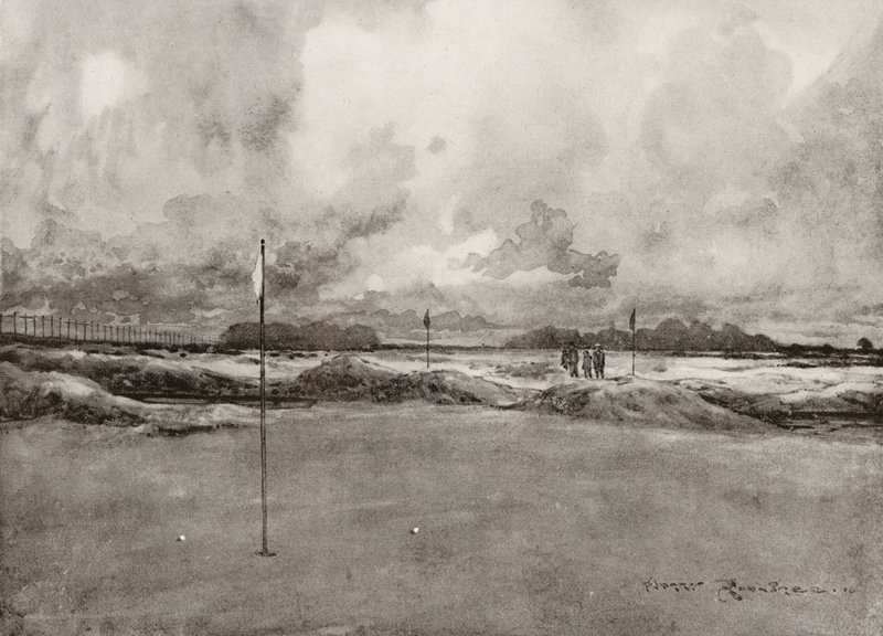 Golfkentät: Mitcham, seitsemäs viheriö (litografia): Mitcham, seitsemäs viheriö (litografia) tekijältä Harry (1878 1950) Rountree