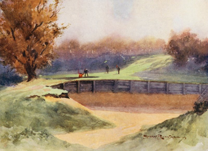 Golfkentät: Northwood, "Death or Glory" , kahdeksas reikä (värilitografia). tekijältä Harry (1878 1950) Rountree