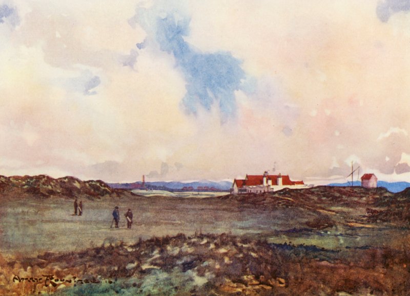 Golfkentät: Portmarnock, toinen lyönti kahdeksannellatoista reiällä (värilitografia). tekijältä Harry (1878 1950) Rountree
