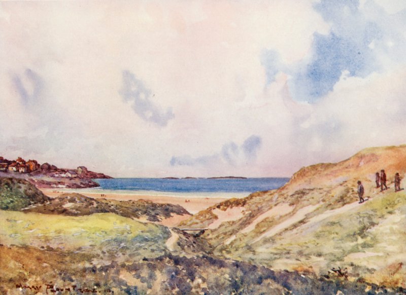 Golfkentät: Portrush, tulossa seitsemännelletoista viheriölle (värilitografia). tekijältä Harry (1878 1950) Rountree
