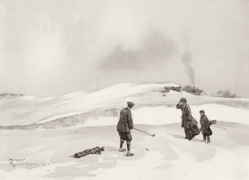 Golfkentät: Skegness, toinen lyönti yhdeksännellä reiällä (litografia). tekijältä Harry (1878 1950) Rountree