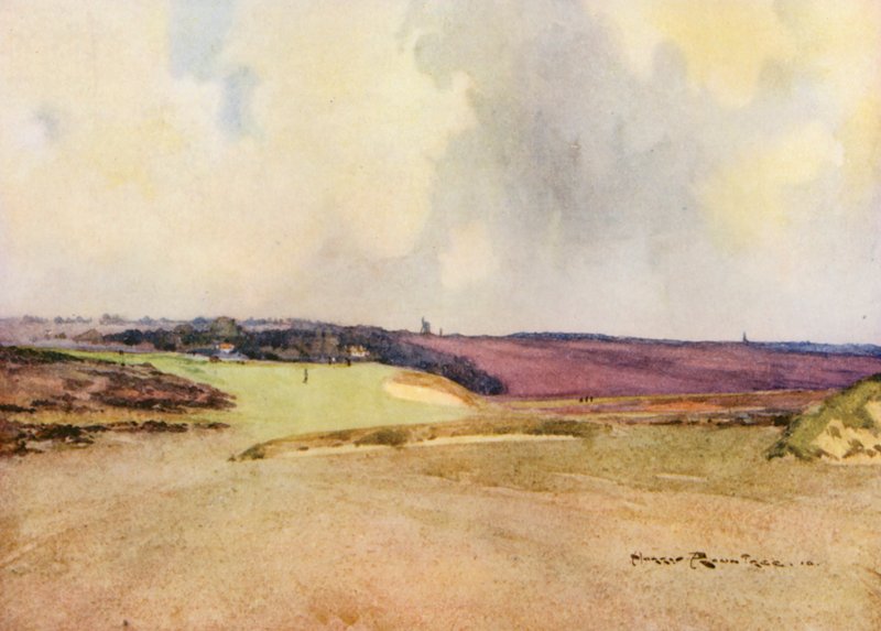 Golfkentät: reiän toinen lyönti (värilitografia). tekijältä Harry (1878 1950) Rountree