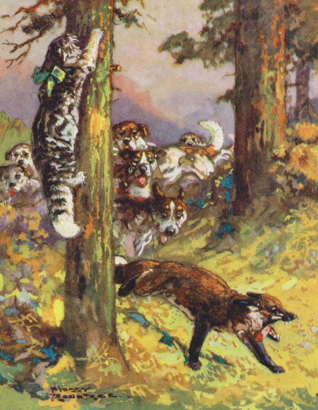 Aisopoksen sadut: Kissa ja kettu (värilitografia). tekijältä Harry (1878 1950) Rountree