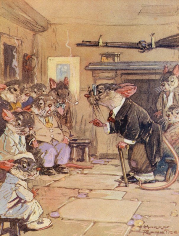 Aisopoksen sadut: Hiiret neuvostossa (värilitografia). tekijältä Harry (1878 1950) Rountree