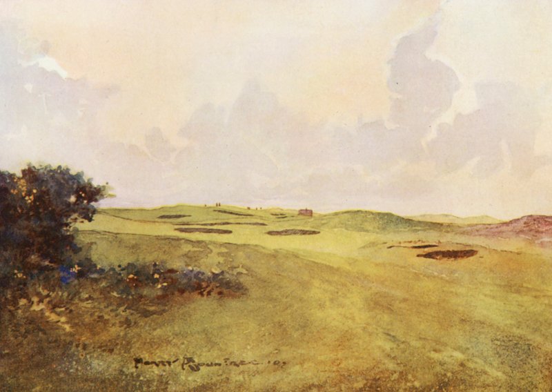 Golfkentät: viheriöltä taaksepäin (värilitografia). tekijältä Harry (1878 1950) Rountree
