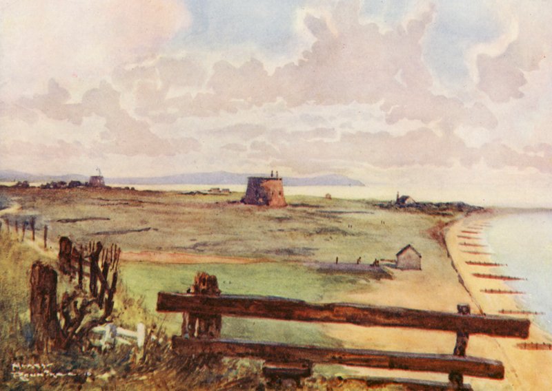 Golfkentät: Felixtowe, yleisnäkymä kentästä (värilitro). tekijältä Harry (1878 1950) Rountree