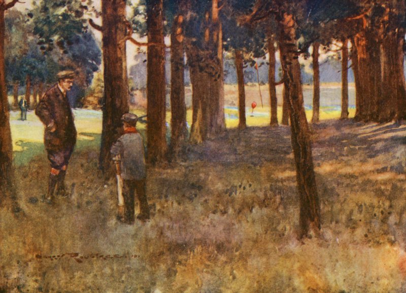 Golfkentät: Mildenhall, tulos huonosta slicestä kuudennella (värilitografia). tekijältä Harry (1878 1950) Rountree