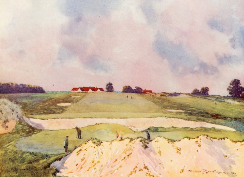 Golfkentät: Sandy Lodge, ensimmäinen viheriö, klubitalon suuntaan (värilitografia). tekijältä Harry (1878 1950) Rountree