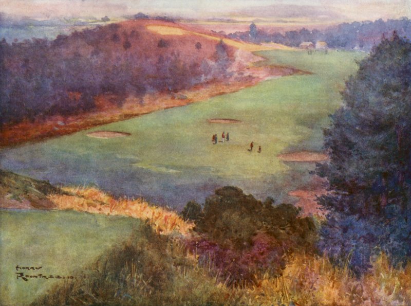 Golfkentät: Hole (värilitografia). tekijältä Harry (1878 1950) Rountree