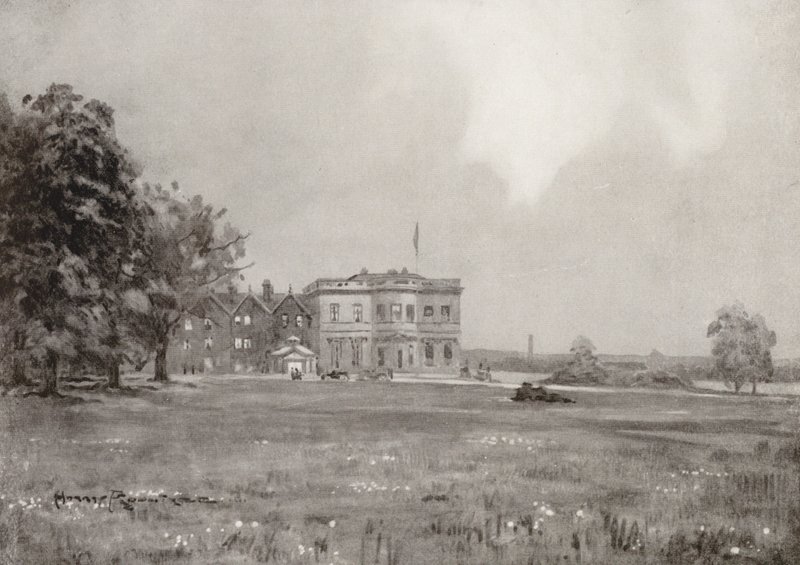 Golfkentät: tieltä (litografia): Trafford Park, klubitalo 18. tieltä (litografia) tekijältä Harry (1878 1950) Rountree