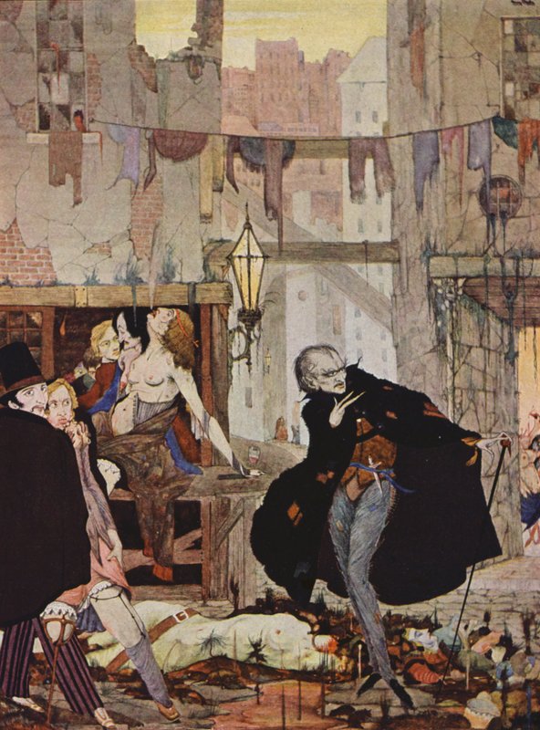 Edgar Allan Poe: Joukkojen mies (värilitografia) tekijältä Harry Clarke