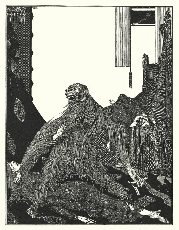 Edgar Allan Poe: Murhat Rue Morgue -aukion murhapaikalla (litografia) tekijältä Harry Clarke