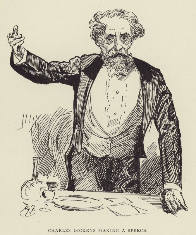 Charles Dickens pitämässä puhetta tekijältä Harry Furniss