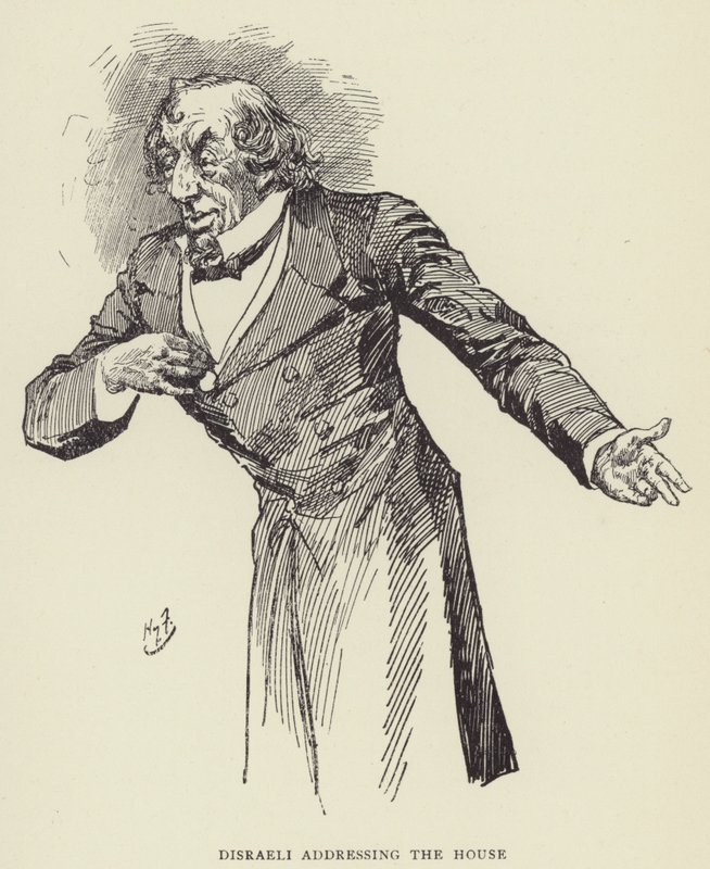 Disraeli puhumassa parlamentille tekijältä Harry Furniss