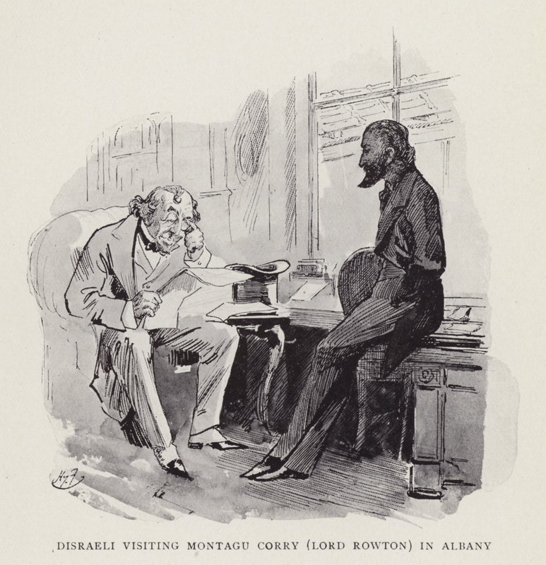 Disraeli vierailee Montagu Corryssa (Lord Rowton) Albanyssa tekijältä Harry Furniss