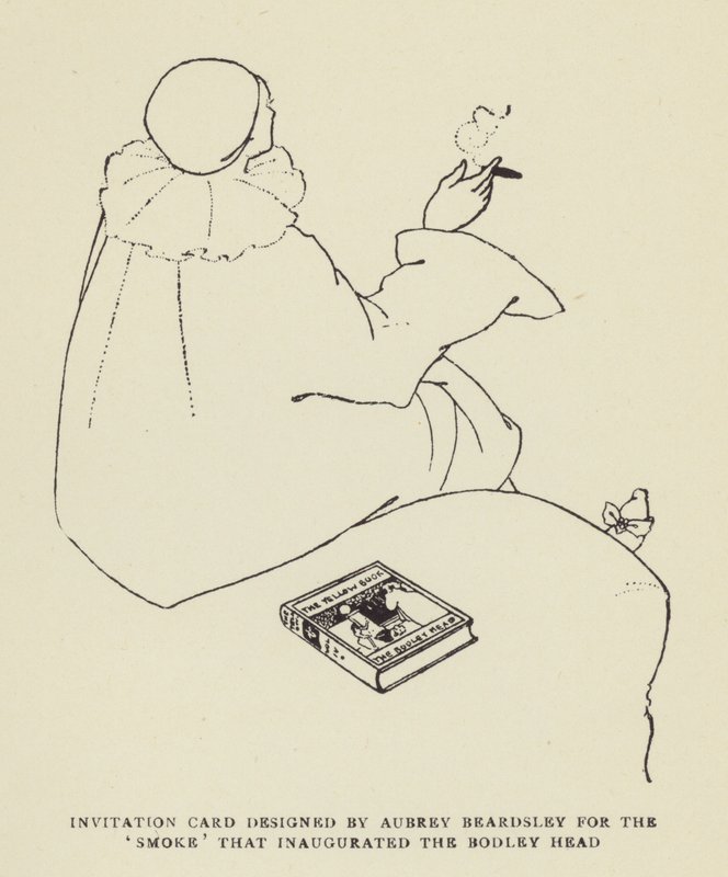 Aubrey Beardsleyn suunnittelema kutsukortti Bodley Headin vihkiäiselle Smokelle tekijältä Harry Furniss
