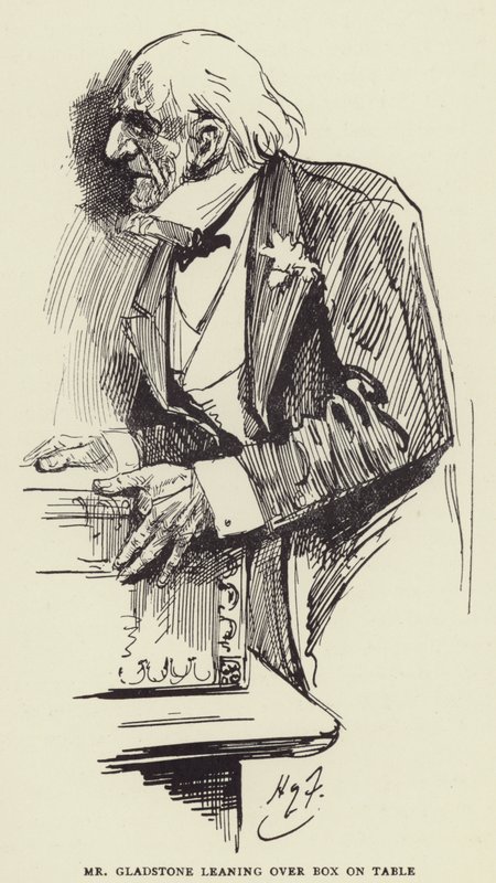 Herra Gladstone nojaa pöydällä olevan laatikon yli tekijältä Harry Furniss