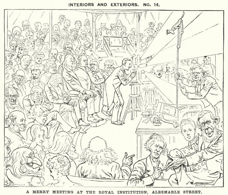 Punch-sarjakuva: Iloinen tapaaminen Royal Institutionissa, Albemarle Street, Lontoo (kaiverrus) tekijältä Harry Furniss