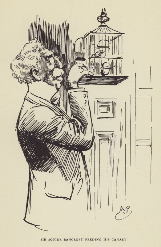 Sir Squire Bancroft ruokkimassa kanarialintuaan tekijältä Harry Furniss