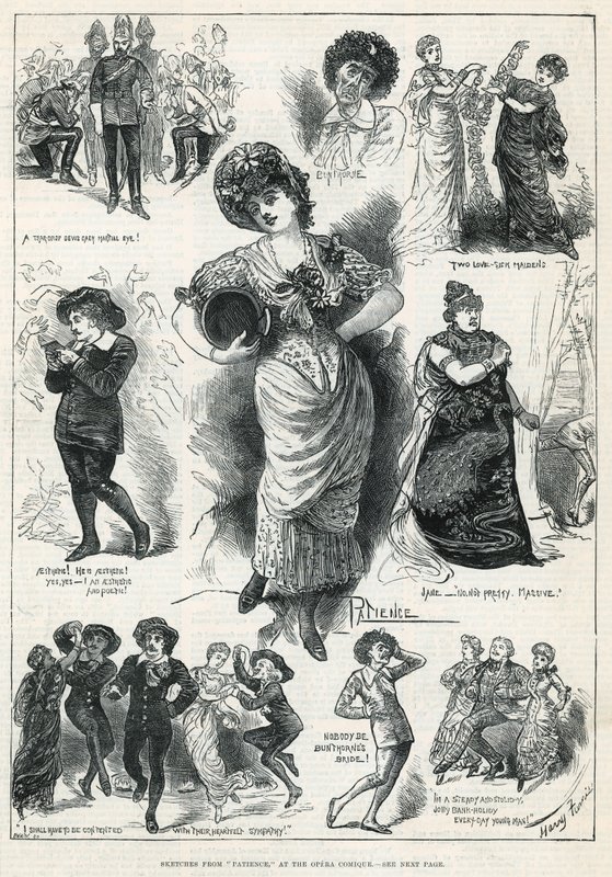 Luonnoksia Patiencesta Opera Comiquessa (kaiverrus) tekijältä Harry Furniss