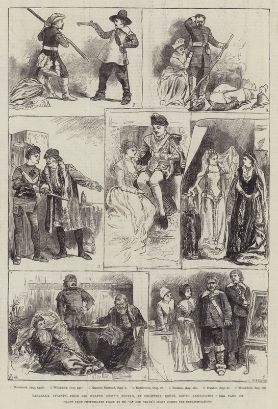 Tableaux Vivants Sir Walter Scottin romaaneista Cromwell Housessa, South Kensingtonissa tekijältä Harry Furniss