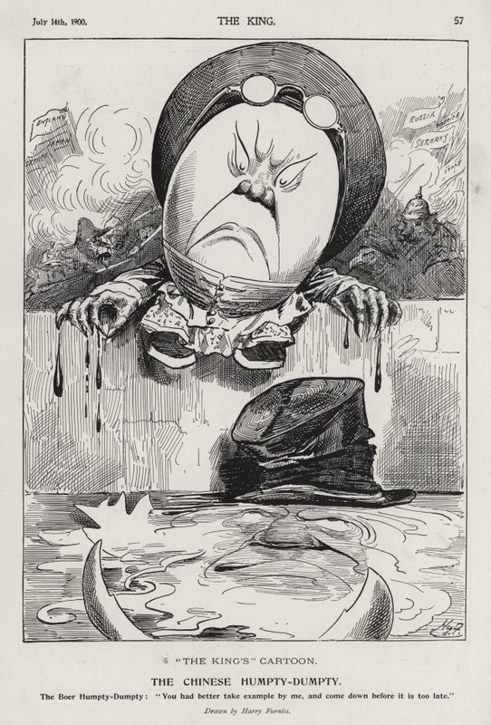 Kiinan Humpty Dumpty, sarjakuva nyrkkeilijöiden kapinasta ja buurien sodasta (kaiverrus) tekijältä Harry Furniss
