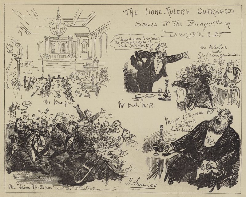 The Home-Rulers Outraged, kohtaukset juhlissa Dublinissa tekijältä Harry Furniss