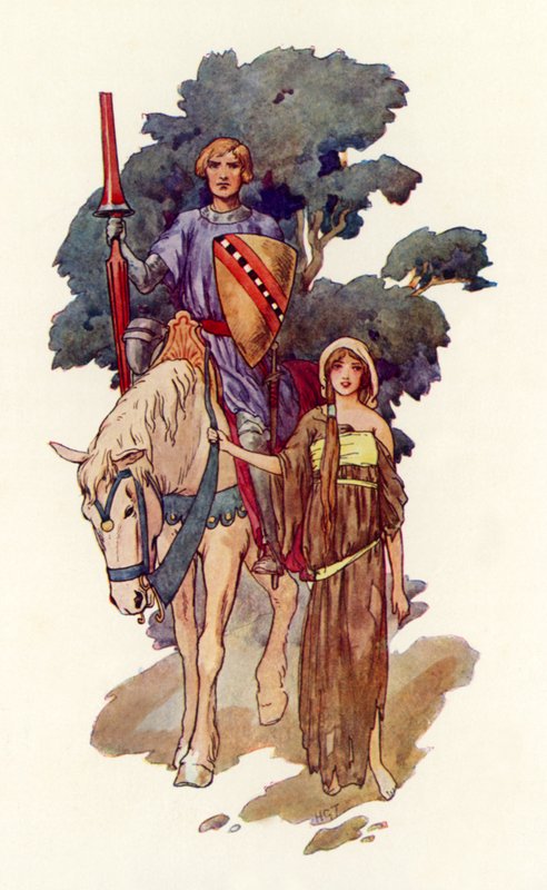 Ritari ja ryysyihin pukeutunut neito hänen rinnallaan (värilitografia). tekijältä Harry George Theaker