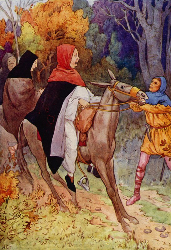 Apotti Hugo oli hädin tuskin puhunut, kun hänen ohjaksistaan otettiin kiinni (värilitografia). tekijältä Harry George Theaker