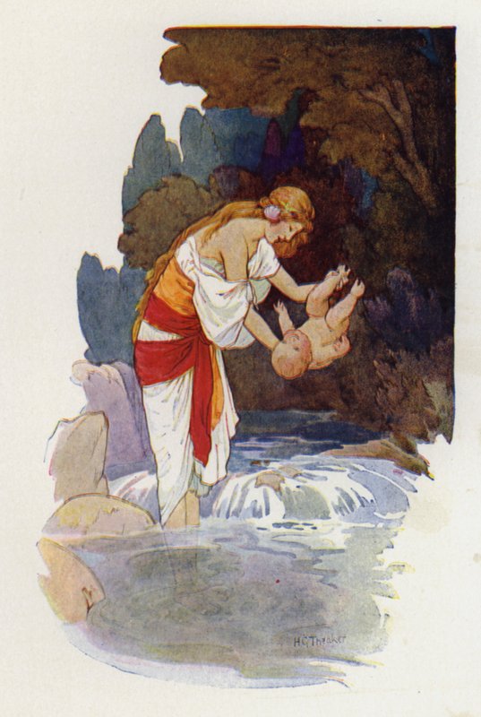 Akilleus kastaa lasta, kun Thetis pitää häntä toisesta kantapäästä kiinni (värilitografia). tekijältä Harry George Theaker